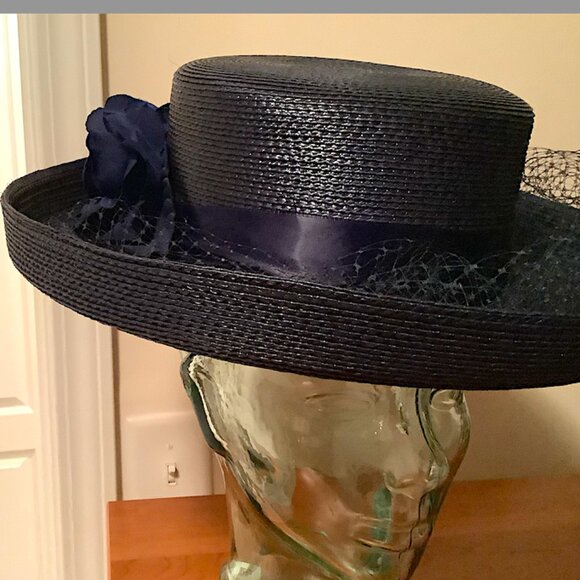 Dark Navy/Black medium brim  hat with flowers, netting and bows details on top